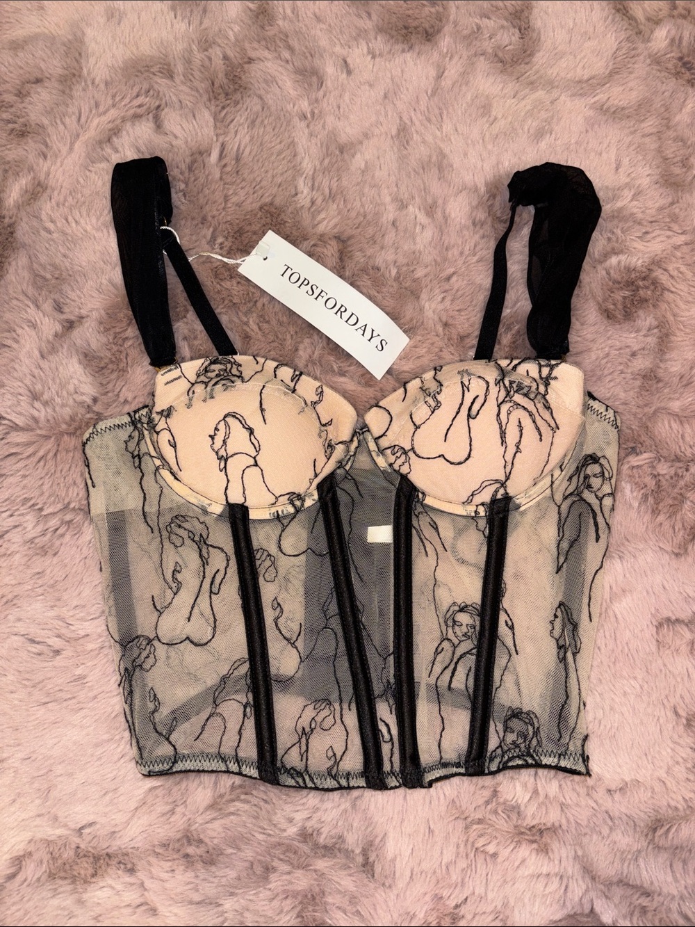 Nude & Black Mesh Bustier Bra